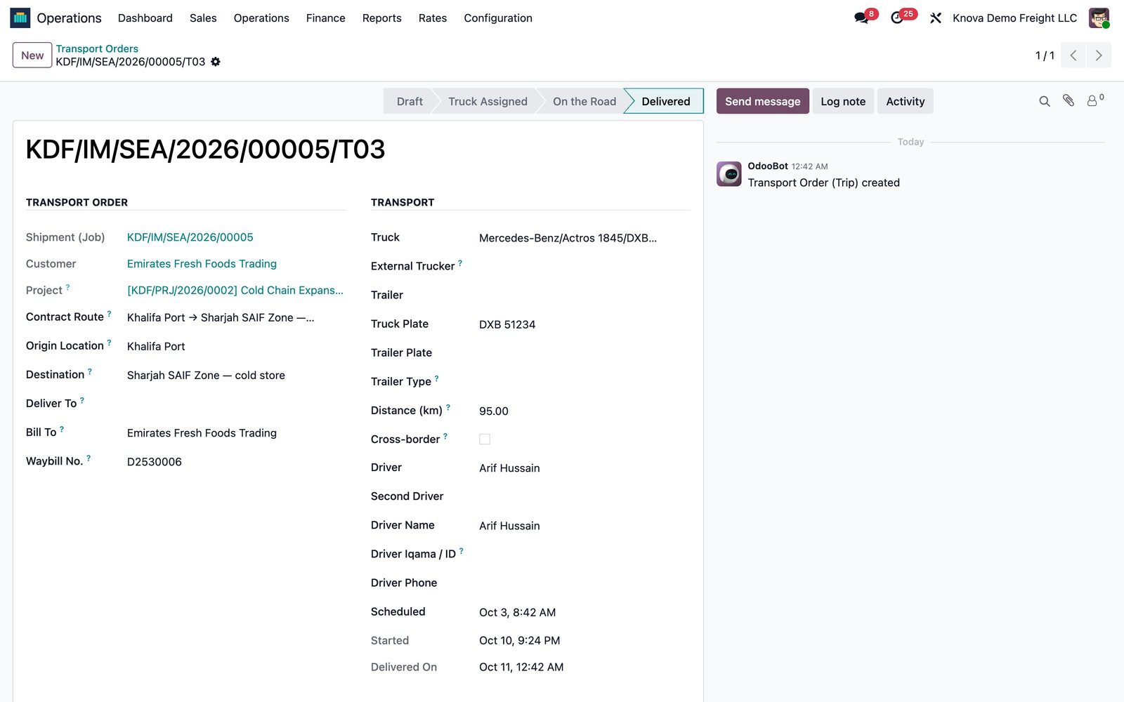 Delivered road freight trip in Knova Freight on Odoo with contract route, truck, driver, waybill number and distance